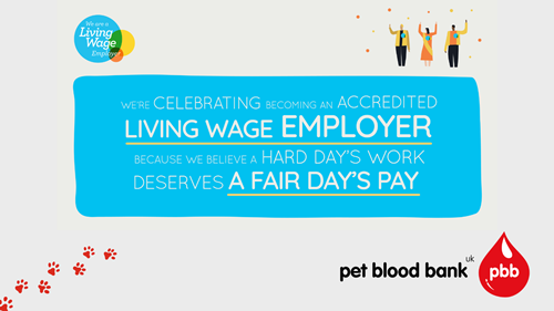 Graphic with Pet Blood Bank and Living Wage Foundation logos